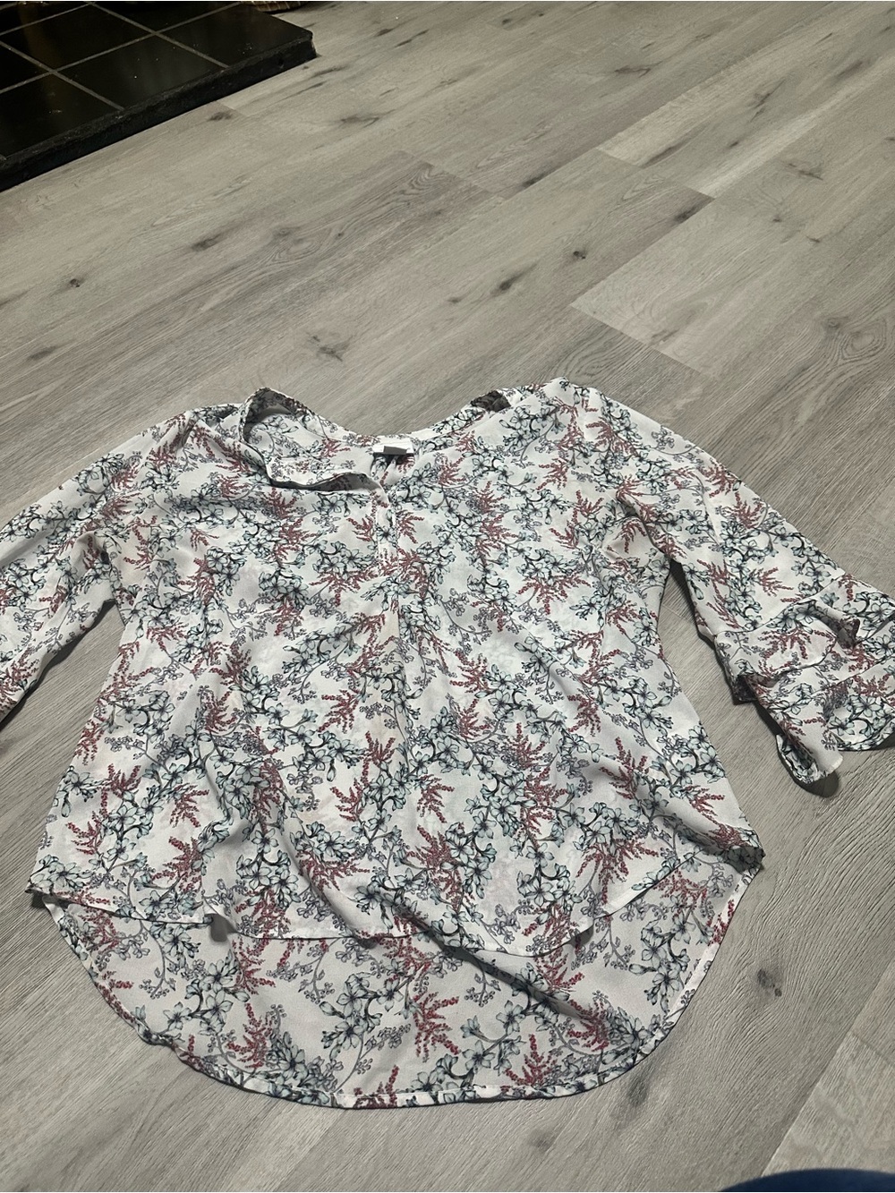 Liz Claiborne White Blouse with Blue and Red Floral Print